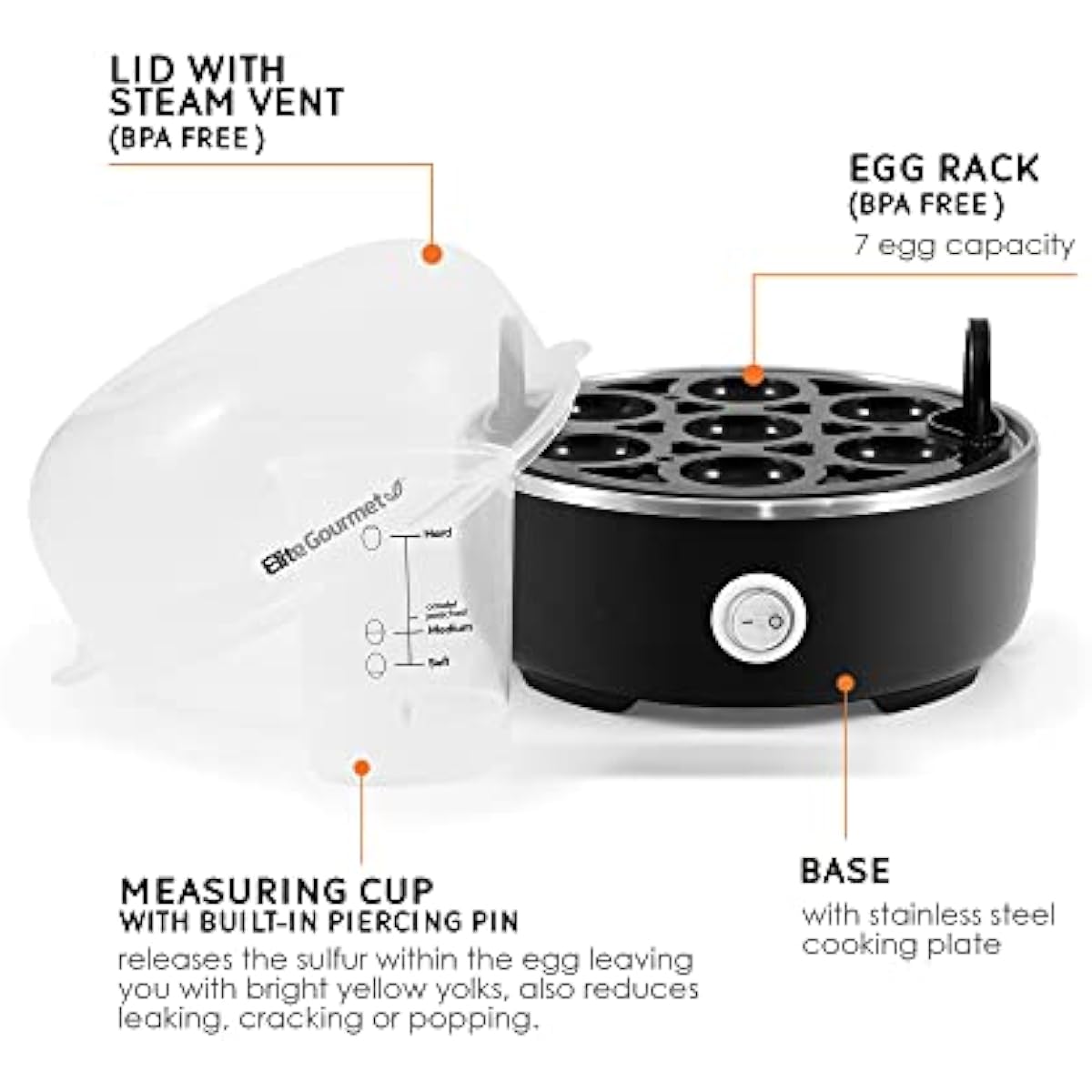 Elite Gourmet EGC115B Easy Egg Cooker Electric 7-Egg Capacity, Soft, Medium, Hard-Boiled Egg Cooker with Auto Shut-Off, Measuring Cup Included, BPA Free, Classic Black