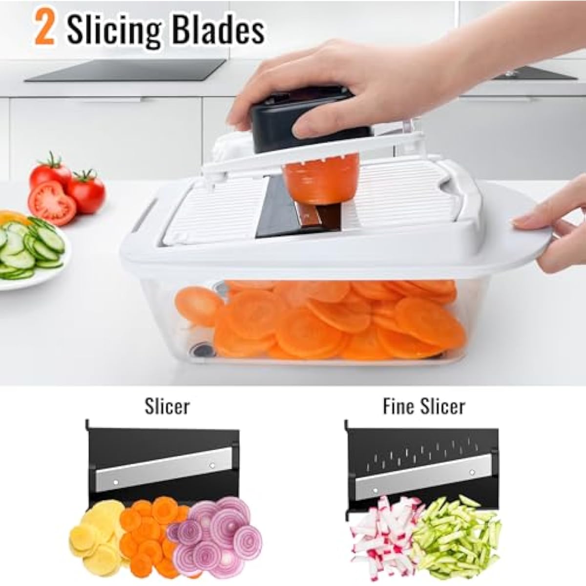 8 Blade All-in-1 Vegetable Chopper Mandoline Slicer with Container, Food Chopper, Onion Chopper, Veggie Cutter for Salad, Kitchen Gadgets Accessories Essentials, White