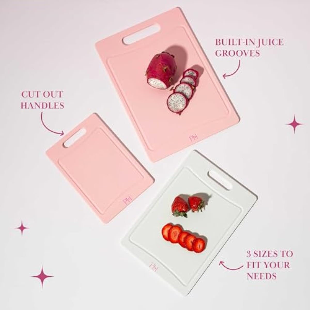 Paris Hilton Cutting Boards, Dual-Sided Cutting Board Set with Built-in Juice Grooves, Easy-Grip Handles, Heavy-Duty Plastic Made without BPA, Dishwasher Safe, 3-Piece Set, Pink and Cream