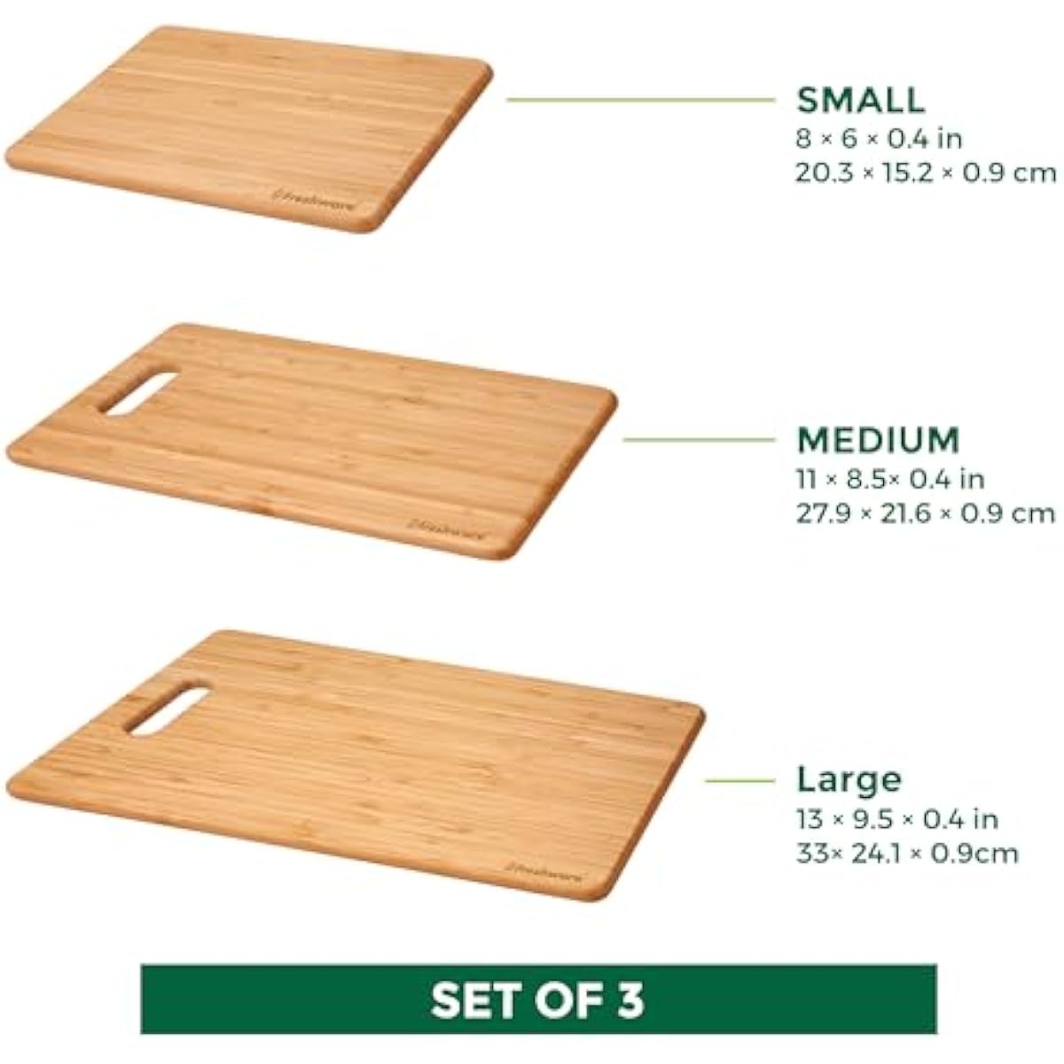 Freshware Bamboo Cutting Board Set of 3, Wooden Cutting Boards for Kitchen, Knife Friendly Food Grade Chopping Board, Lightweight with Hanging Hole for Easy Storage