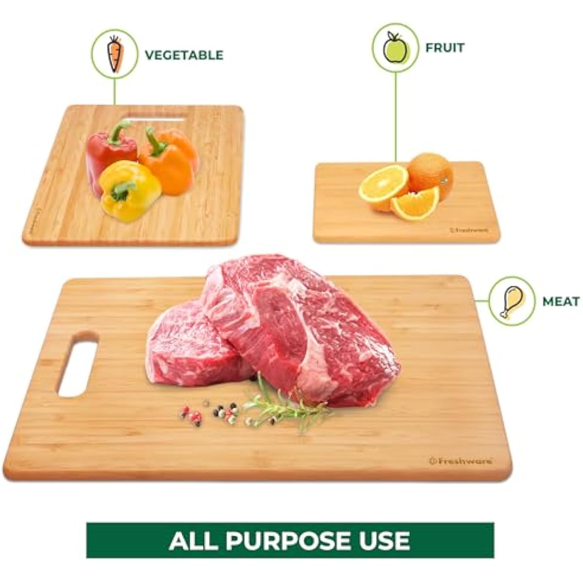 Freshware Bamboo Cutting Board Set of 3, Wooden Cutting Boards for Kitchen, Knife Friendly Food Grade Chopping Board, Lightweight with Hanging Hole for Easy Storage