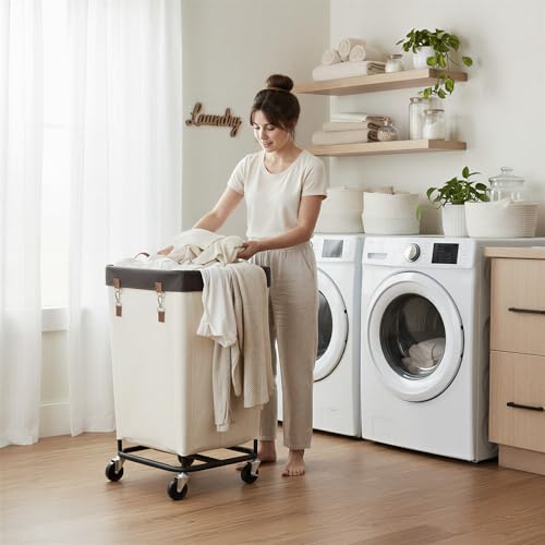 StorageWorks 160L Laundry Basket with Wheels, Large Rolling Hampers for Clothing Organizer, Dirty Clothes Basket for Hotel, Home, Closet, Dorm, Beige