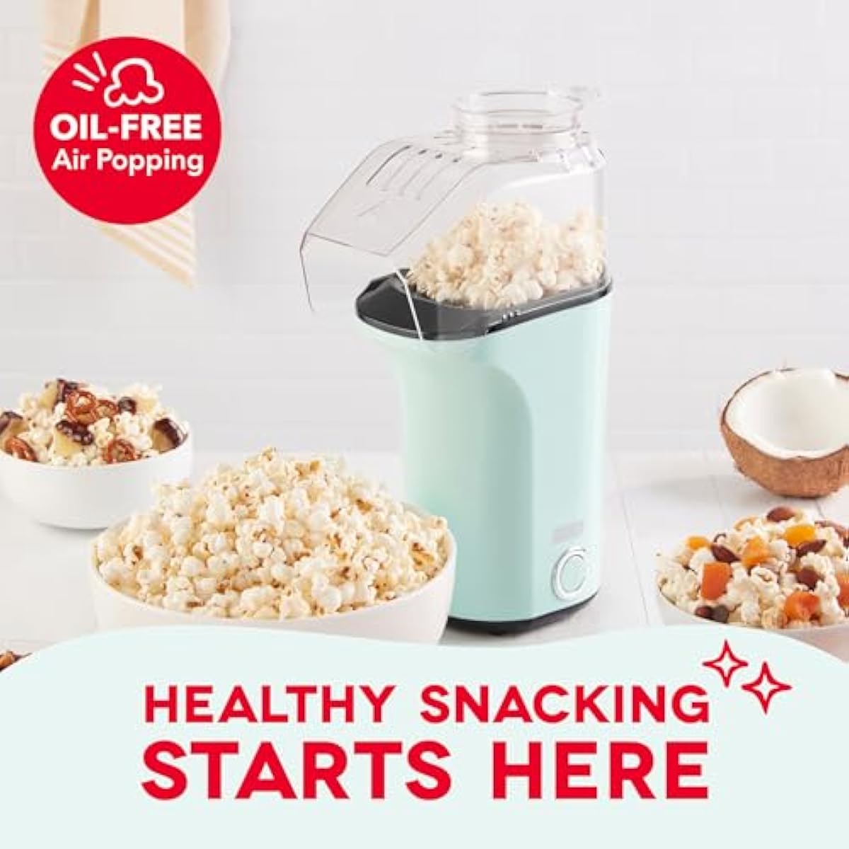 DASH Fresh Pop Popcorn Maker - Oil-Free, Air Popcorn Popper - With Measuring Cup & Recipe Guide - Perfect for Movie Nights - 16 Cups, Aqua