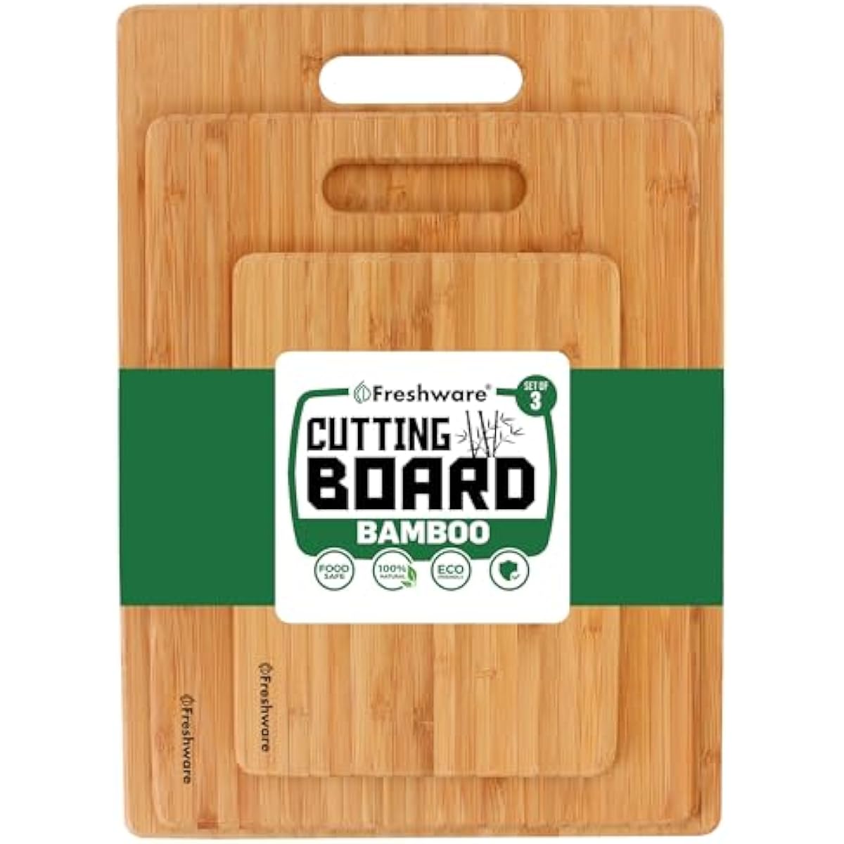 Freshware Bamboo Cutting Board Set of 3, Wooden Cutting Boards for Kitchen, Knife Friendly Food Grade Chopping Board, Lightweight with Hanging Hole for Easy Storage