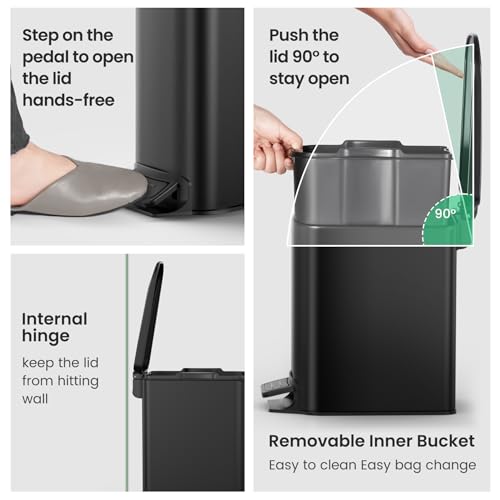 Cesun Small Bathroom Trash Can with Lid Soft Close, Step Pedal, 6 Liter / 1.6 Gallon Stainless Steel Garbage Can with Removable Inner Bucket, Anti-Fingerprint Finish (Matt Black)