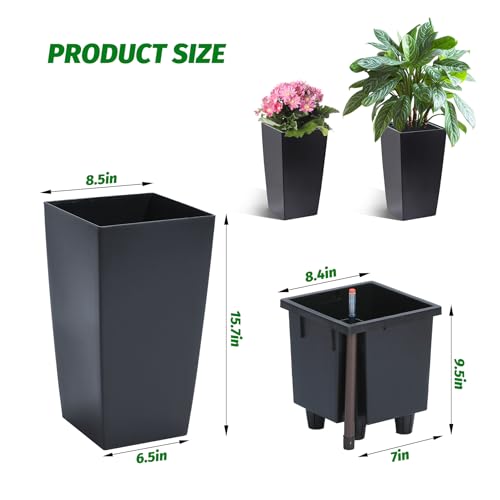 Garvee 16" Tall Planters Set of 2, Outdoor&Indoor Black Planter Pots, High Front Porch Planter Pots with Drainage Holes&Water Level Monitor&Inner Bucket,Black