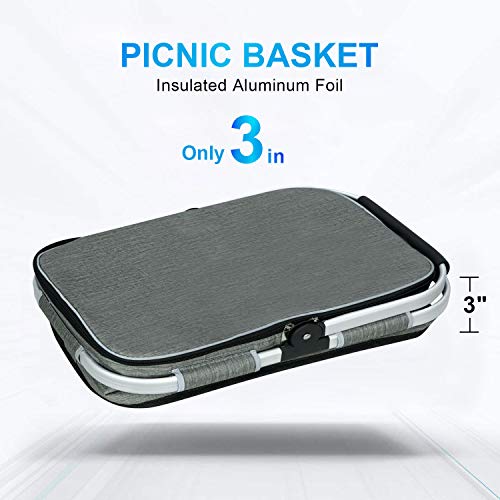 LIQING 35L Large Picnic Basket 2 Layers of Internal Pockets Leak-Proof and Insulated ,Folding with Internal Support for enhansed Stability, Wedding Gifts for Couple(Grey)