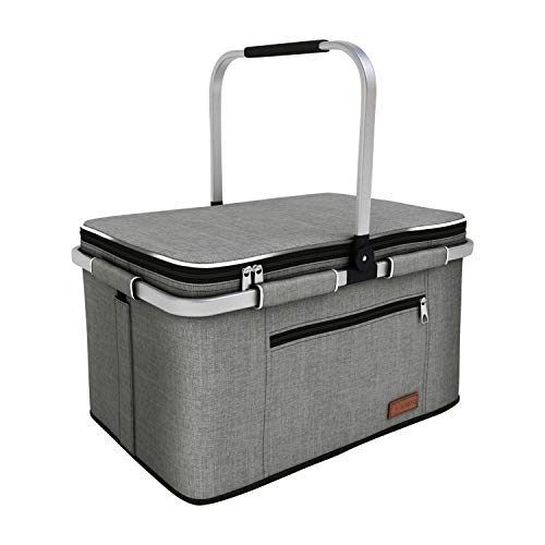 LIQING 35L Large Picnic Basket 2 Layers of Internal Pockets Leak-Proof and Insulated ,Folding with Internal Support for enhansed Stability, Wedding Gifts for Couple(Grey)