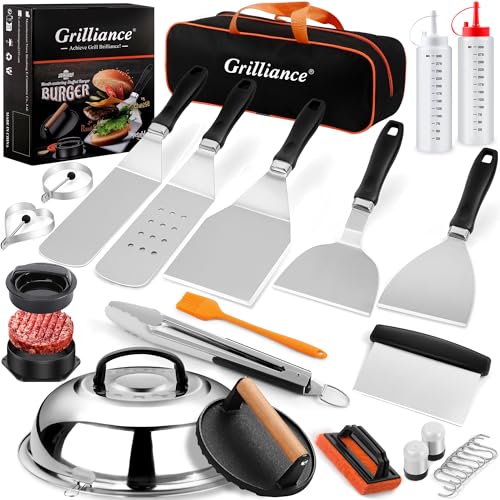 27pcs Griddle Accessories Kit for Blackstone, Professional Hibachi Flat Top Grill Tools, Enlarged Spatula Gift Set with Basting Cover,Burger Press Patty Maker for Outdoor BBQ Teppanyaki