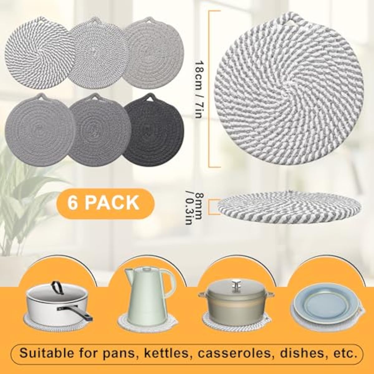 7" Trivets for Hot Dishes, 6 Pack Hot Pads for Kitchen Counter & Dining Table, Heat Resistant | Scratches | Stains Cotton Trivets for Hot Pots and Pans