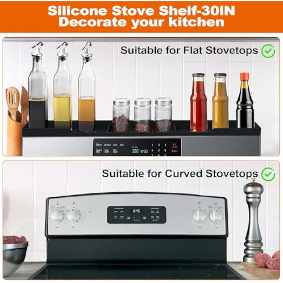 AWOKE Stove Top Shelf 30 Inch - Silicone Material Magnetic Shelf for Stove - 3 Functional Partitions Kitchen Spice Rack Organizer-Black,Kitchen Gadgets Storage Organization