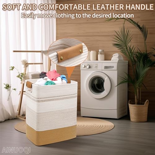 Laundry Hamper Large Laundry Basket with Leather Handles, Decorative Storage Cotton Rope Woven Basket for Blankets, Clothes Hamper for Living Room, Jute & White, 85L