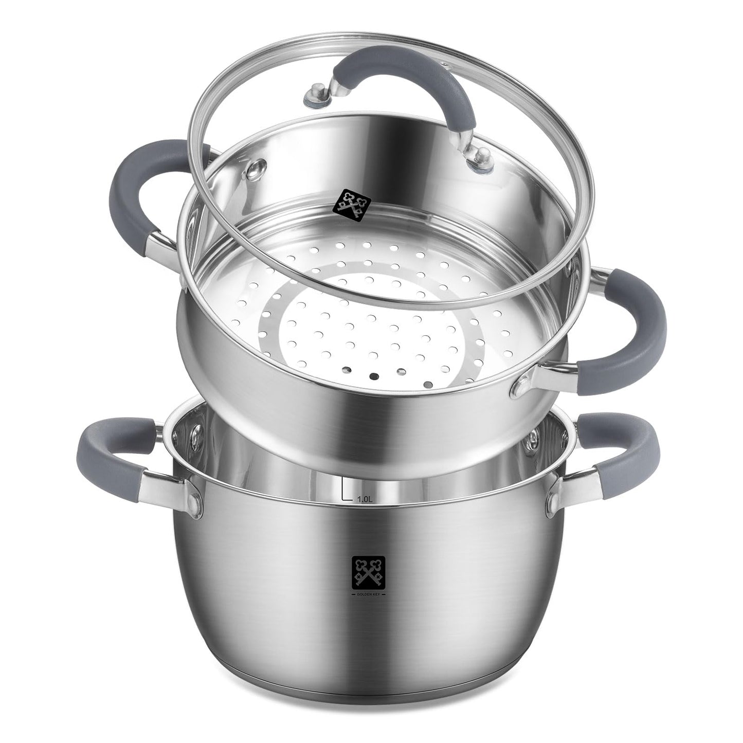 GOLDEN KEY 3.2 QT Steamer Pot With Lid - 2-Tier 18/8 Stainless Steel,Multipurpose Steaming Cookware with Vegetable Steam Basket, Oven & Dishwasher Safe, Triple Bottom for Even Heating, Perfect for Dumplings, Seafood and Vegetables