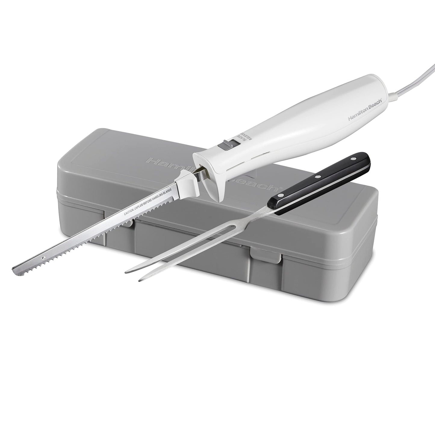 Hamilton Beach Electric Knife Set for Carving Meats, Poultry, Bread, Crafting Foam & More, Reciprocating Serrated Stainless Steel Blades, Ergonomic Design Storage Case + Fork Included, 5 Foot Cord