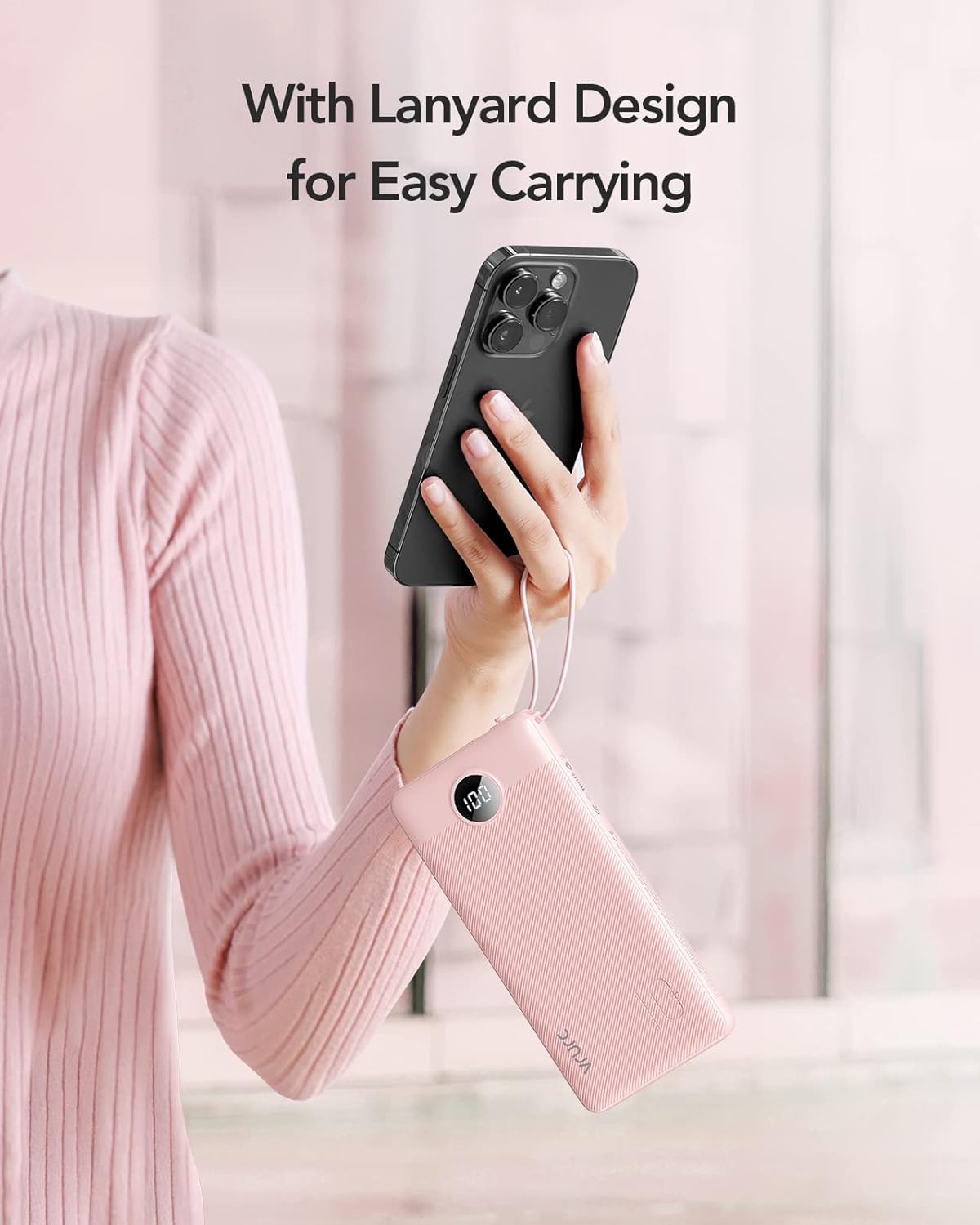 VRURC Portable Charger Power Bank, 10000mAh Travel Essentials Battery Pack, 5 Outputs 2 Inputs Slim Charging Bank Built-in Cables Cords Wires Compatible with iPhone,Samsung,Android-Pink(1 Pack)