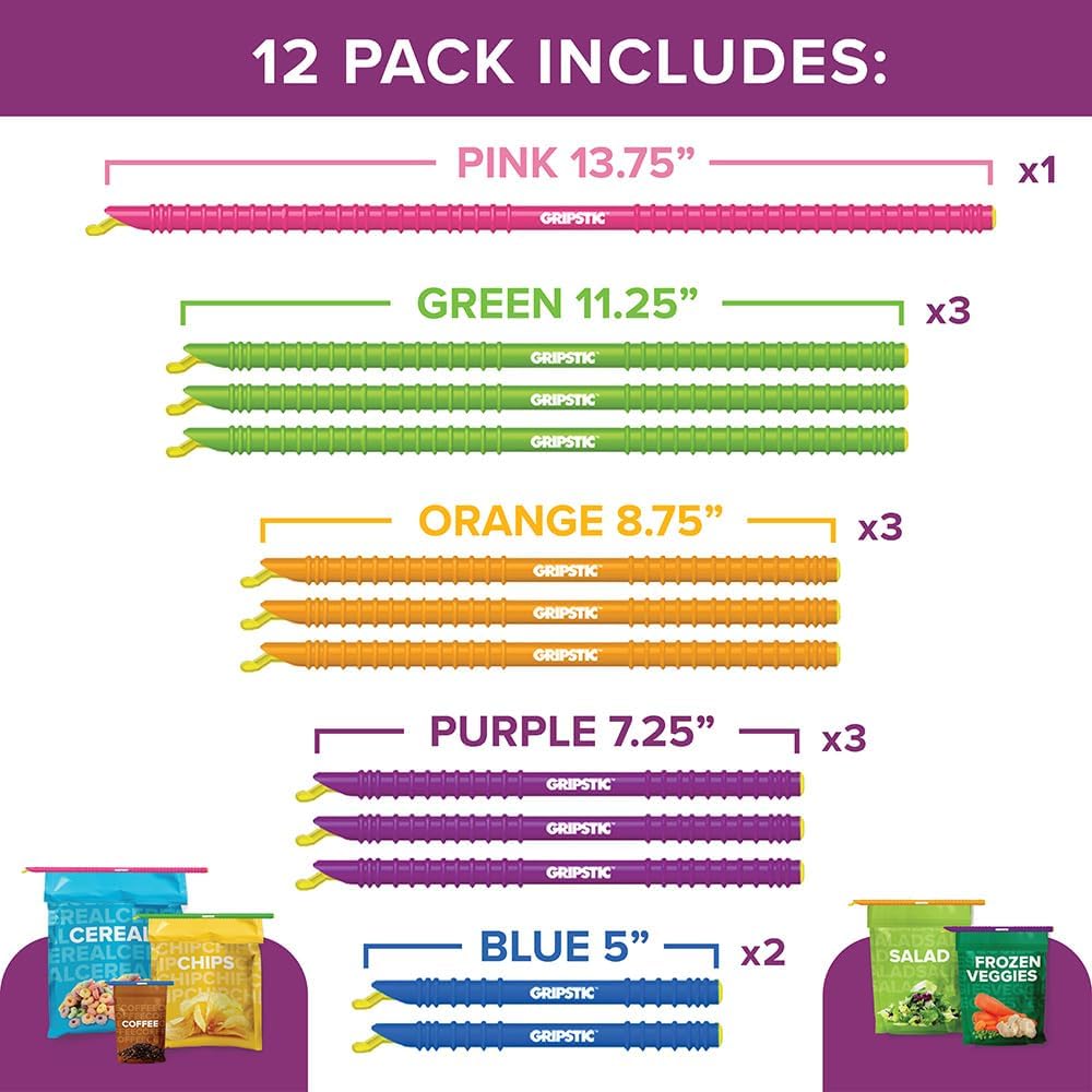 GripStic Bag Clips. 12pc Durable Food Clip Set For Kitchen Storage. Reusable Chip Bag Clips. Color Coded Bag Closure Sticks Provide Air Tight Seal. Chip Clips Reinvented.