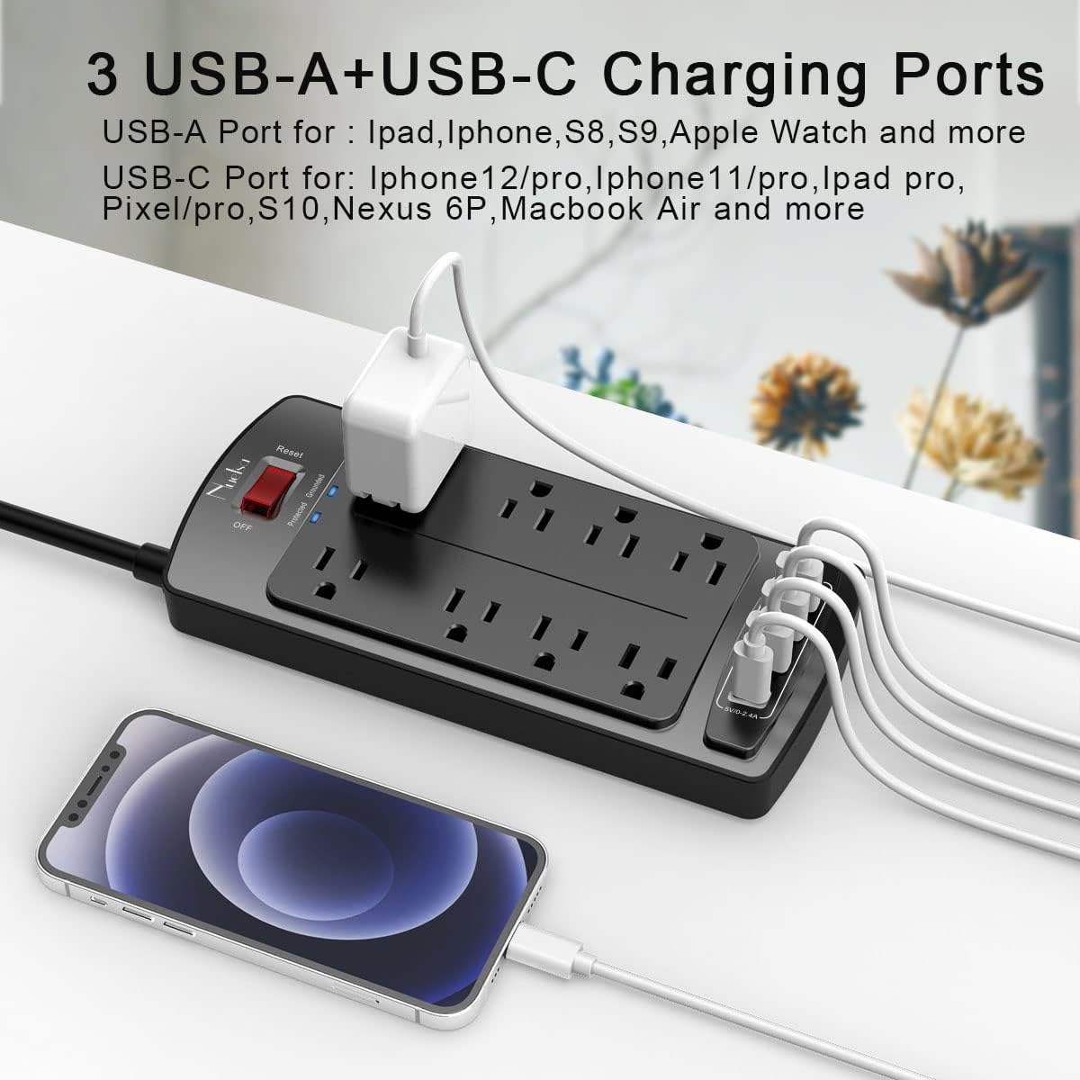 Surge Protector Power Strip - Nuetsa Flat Plug Extension Cord with 8 Outlets and 4 USB Ports, 6 Feet Power Cord (1625W/13A), 2700 Joules, ETL Listed, Black