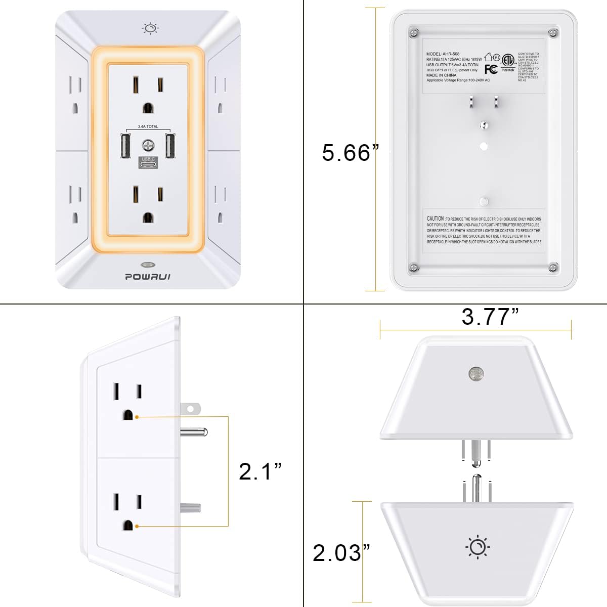 POWRUI Multi Plug 6 Outlet Surge Protector Extender with 3 USB Ports (1 USB C) and Night Light, 3-Sided Power Strip with Adapter Spaced Outlets, ETL Listed, White