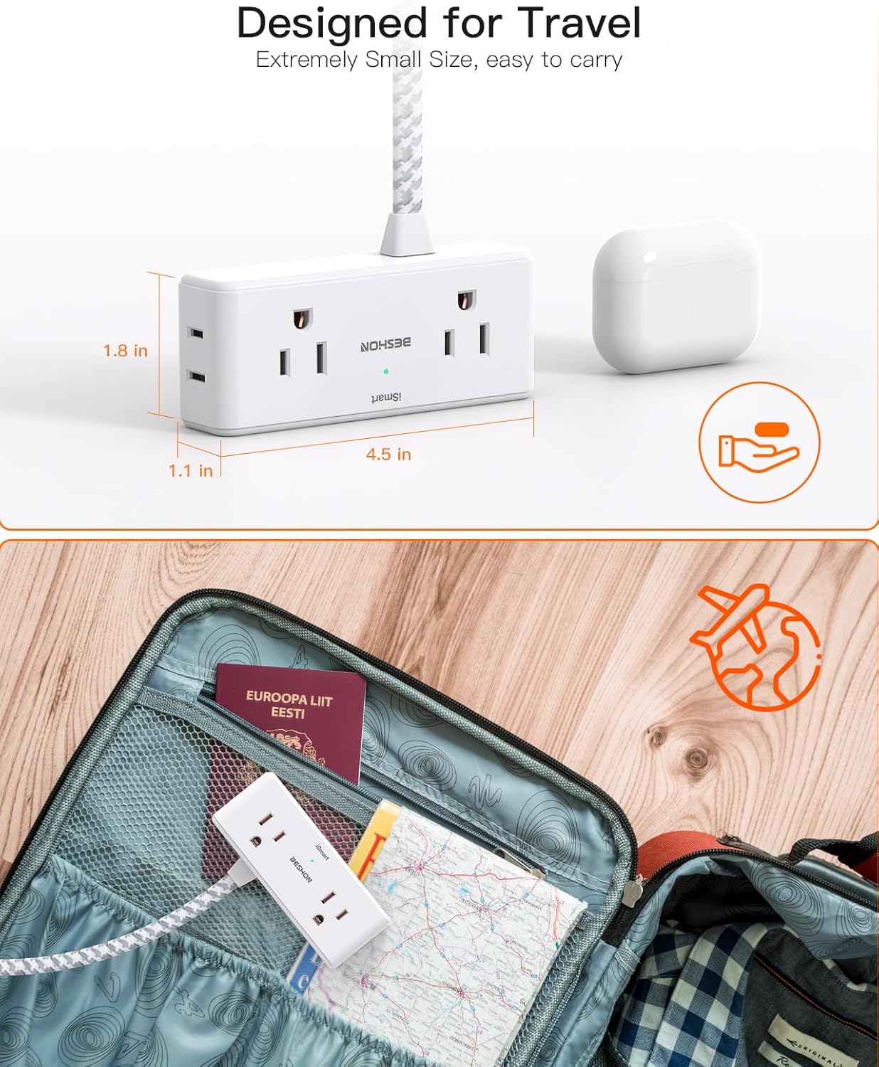 Flat Extension Cord 6 feet, Flat Plug Power Strip, 4 Widely Outlets with 3 USB Ports (2 USB C), 3 Side Outlet Extender with Extension Cord with Multiple Outlets for Home, Office, Dorm Room Essentials