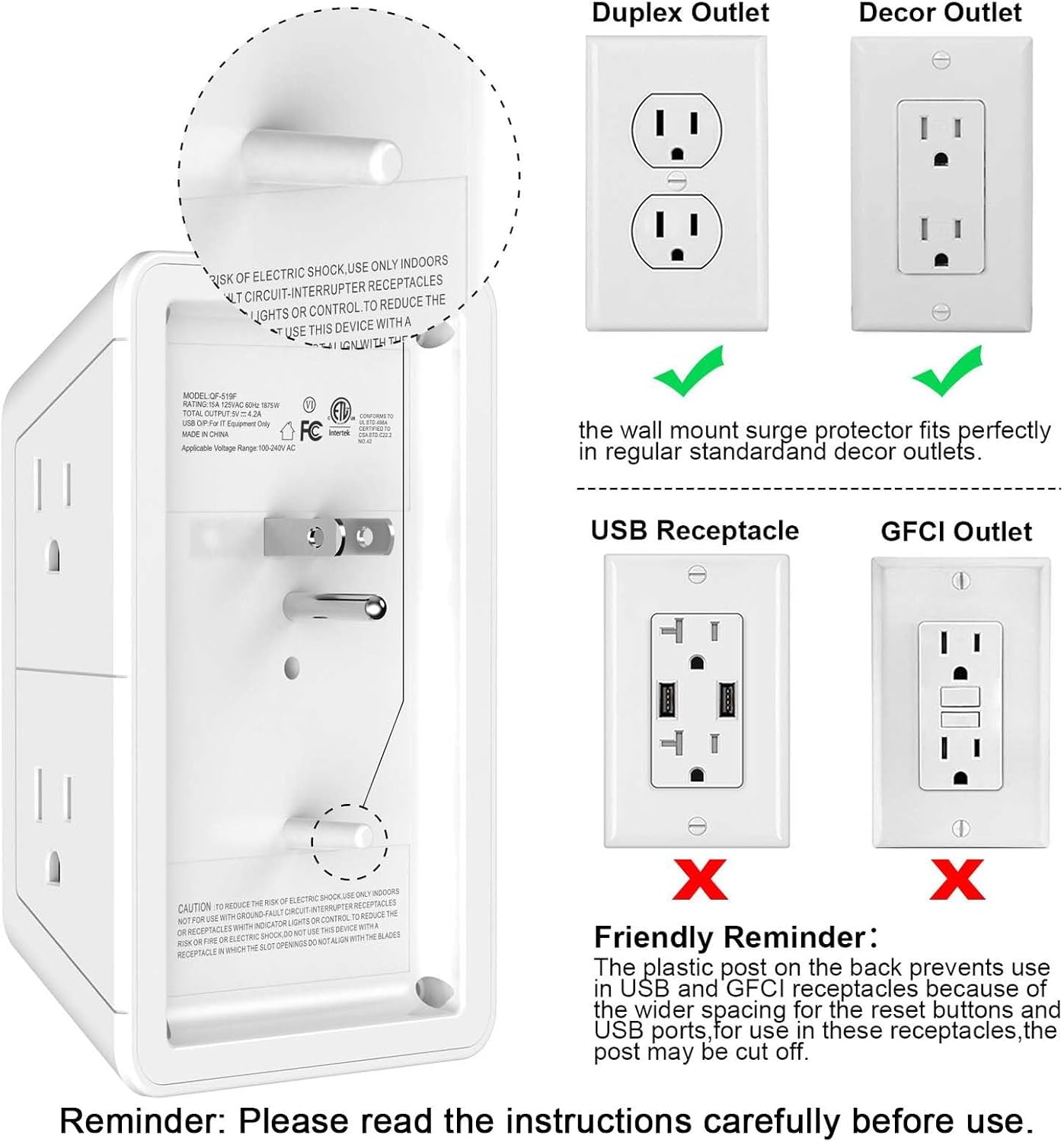 5 Outlet Extender Multi Plug Wall Outlets with 4 USB Charging Ports (1 USB C Outlet), 3 Sided 1680J Surge Protector Power Strip USB Wall Charger for Home, Office, Travel, ETL Listed, White