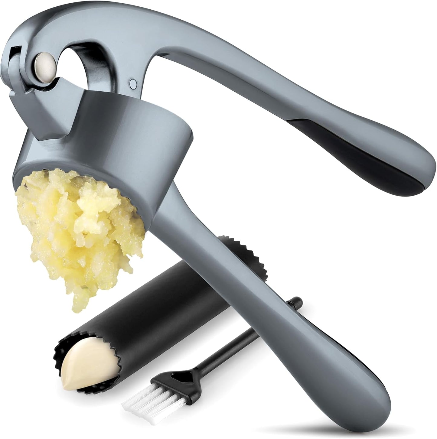 Zulay Kitchen Premium Garlic Press Set - Rust Proof Professional Garlic Mincer Tool - Easy-Squeeze, Easy-Clean with Soft, Ergonomic Handle - Silicone Garlic Peeler & Brush (Silver)