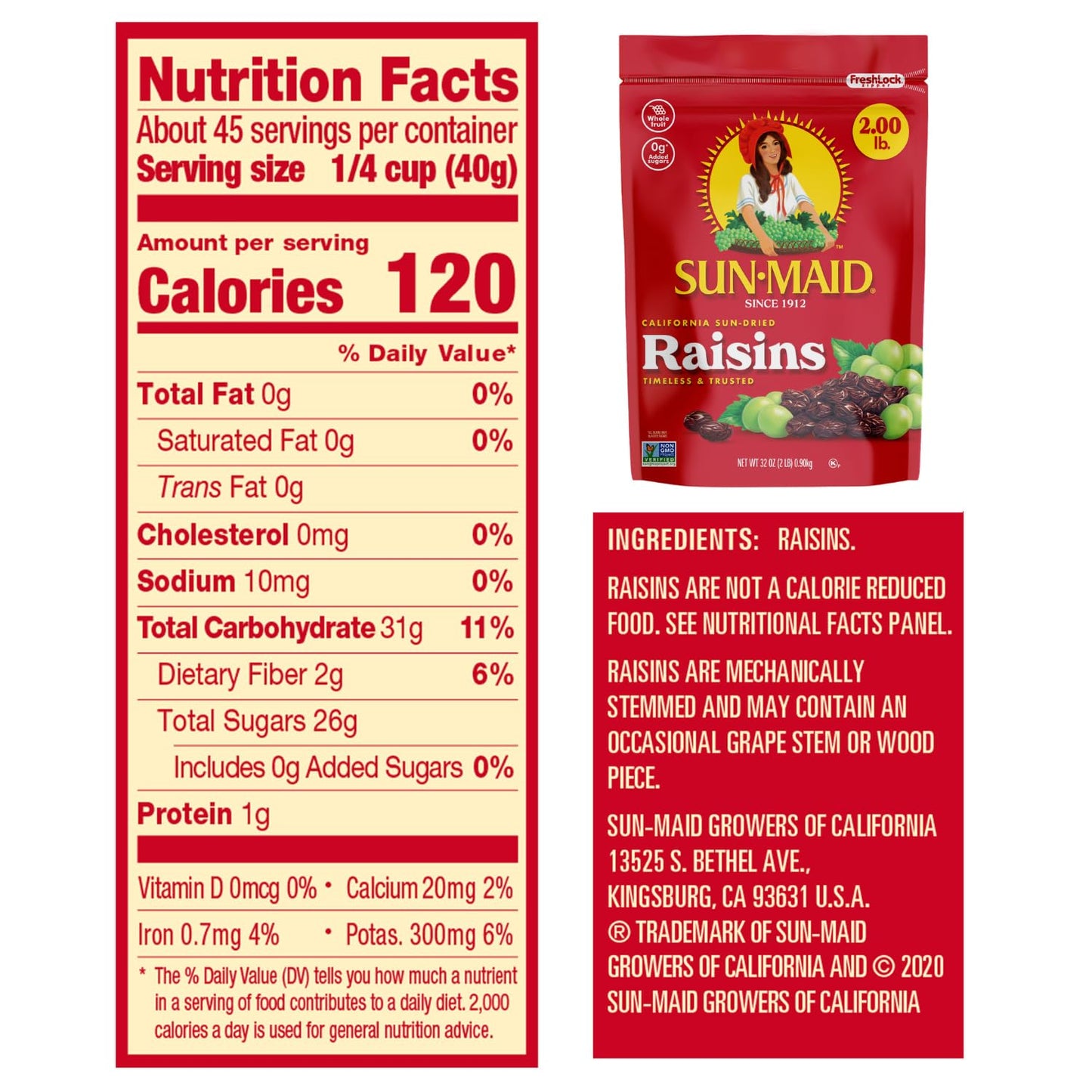 Sun-Maid California Sun-Dried Raisins - (2 Pack) 32 oz Resealable Bag - Dried Fruit Snack for Lunches, Snacks, and Natural Sweeteners