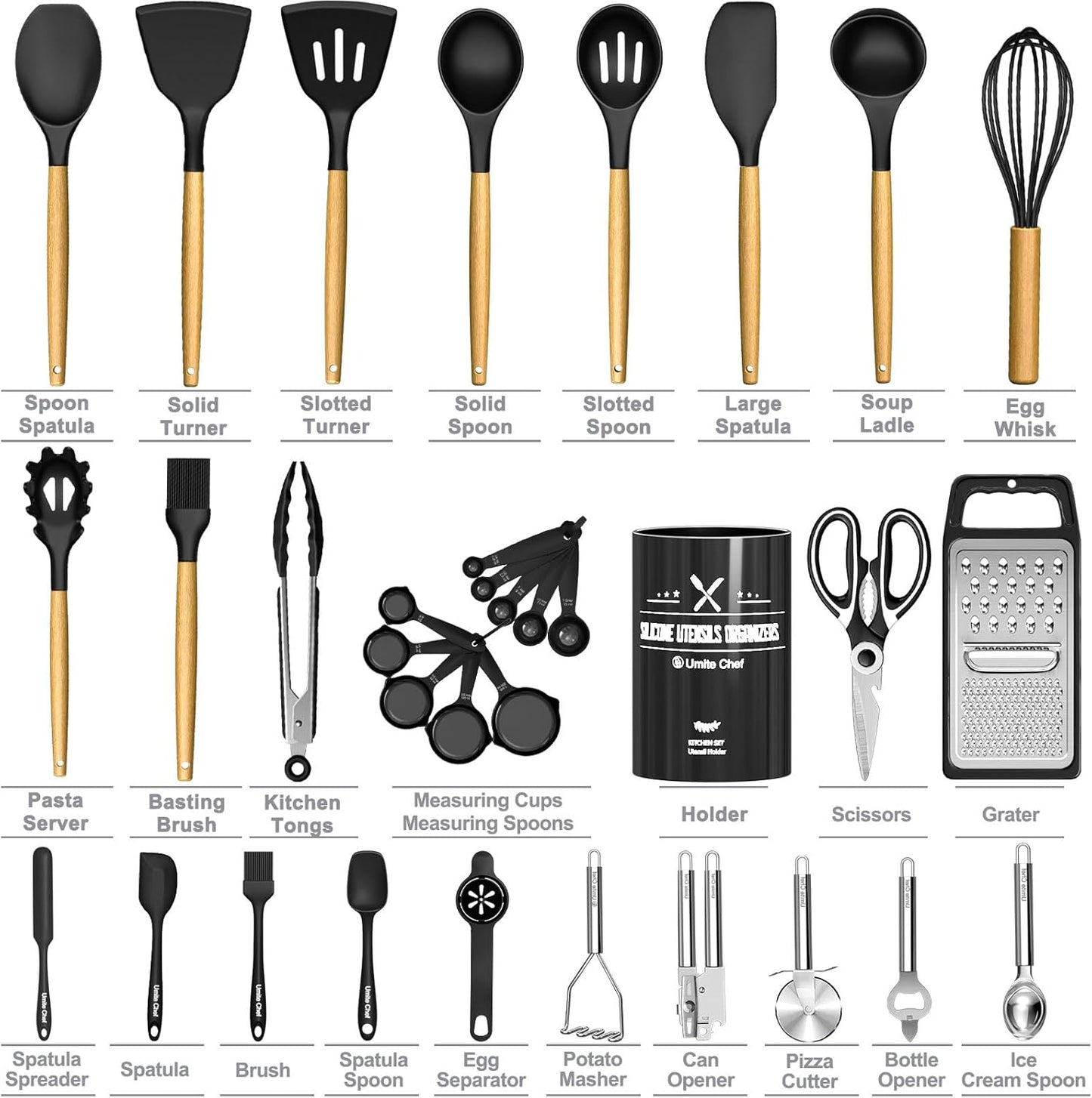 Umite Chef 34‑Piece Silicone Cooking Utensils Set with Holder – Heat‑Resistant Non‑Stick