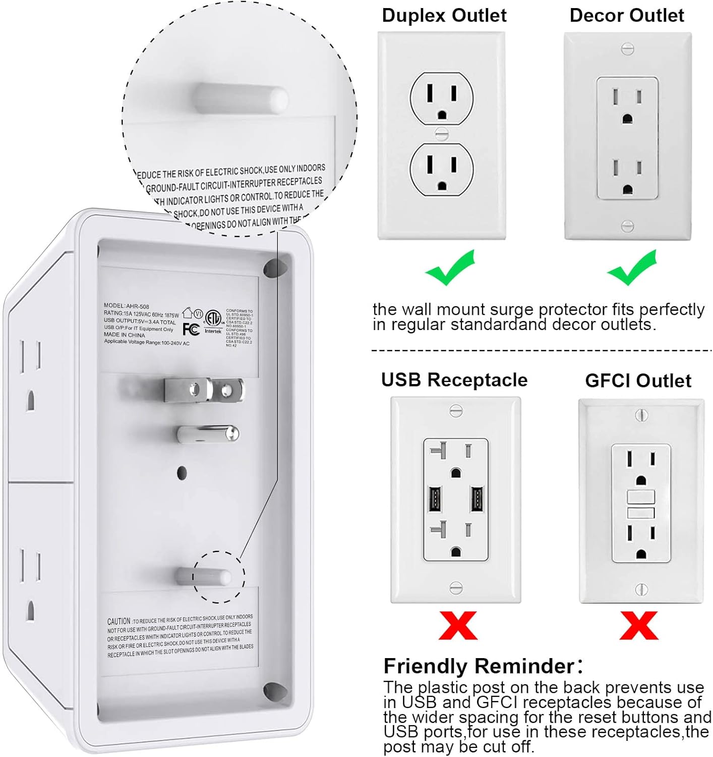 POWRUI Multi Plug 6 Outlet Surge Protector Extender with 3 USB Ports (1 USB C) and Night Light, 3-Sided Power Strip with Adapter Spaced Outlets, ETL Listed, White