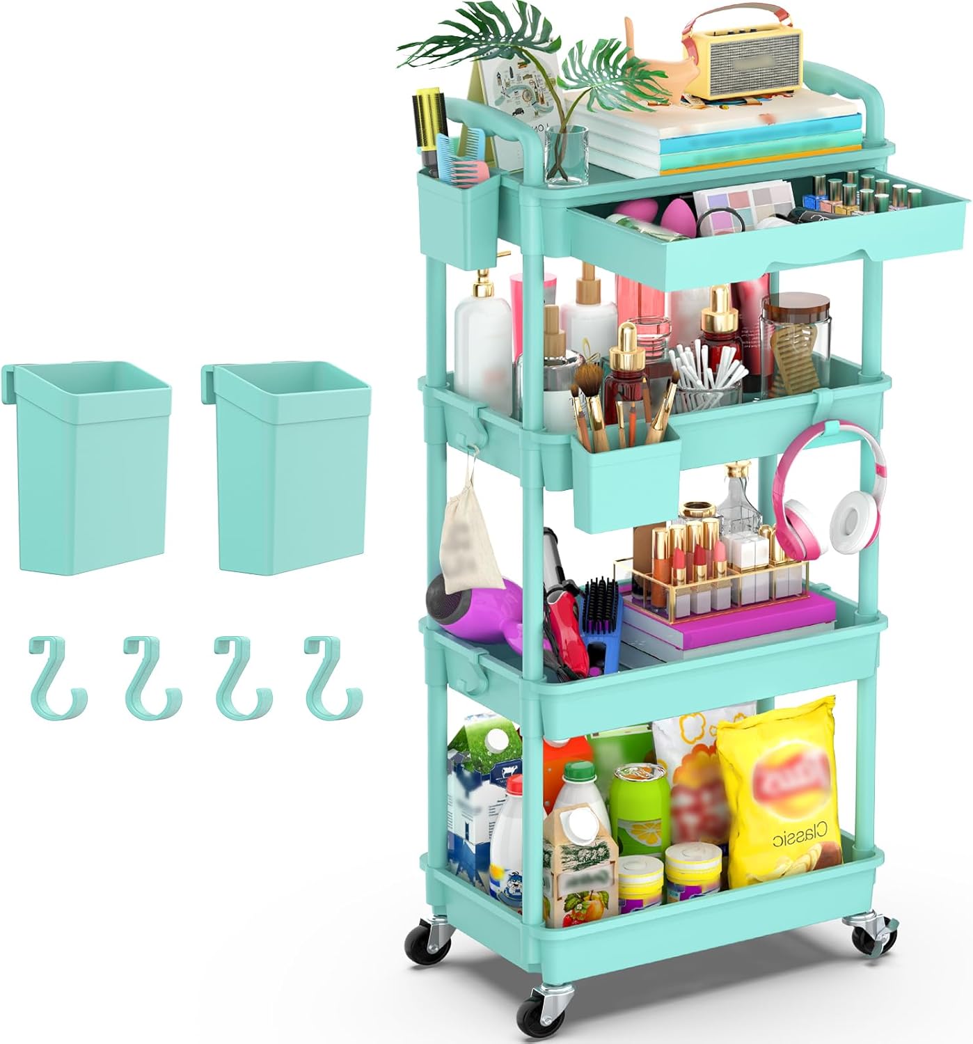Goovilla 3 Tier Rolling Utility Cart Organizer with Removable Drawer, Stable and Sturdy Black Rolling Storage Carts with 2 Lockable Wheels for Bathroom, Kitchen, Snack, Craft, Makeup, Baby Essentials