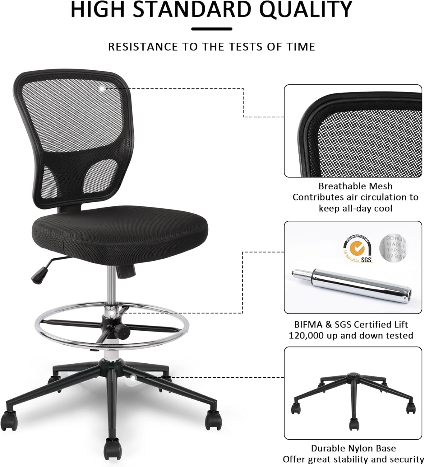 Armless Drafting Chair Tall Office Chair Adjustable Height High Back Ergonomic Desk Chair Drafting Stool Rolling Bar Stools Chairs with Footrest and Wheels