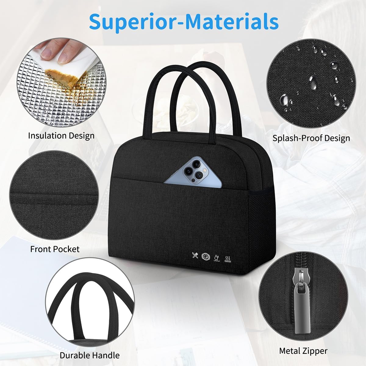 DALINDA Lunch Bag Lunch Box for Women Men Reusable Insulated Lunch Bags,Water-Resistant Cute Cooler Lunch Tote Bag, Large Capacity for Work Travel Picnic,Black