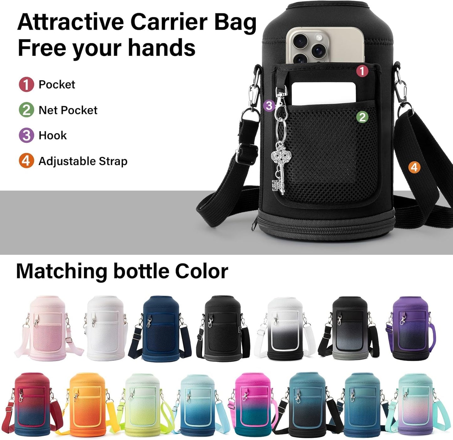 Insulated Water Bottle | Thickened Stainless Steel Vacuum Metal Thermos | Portable Sports Half Gallon Large Water Jug for Gym and Hiking with Straw, Carrier Bag, Handle Strap | BPA-Free 64 oz
