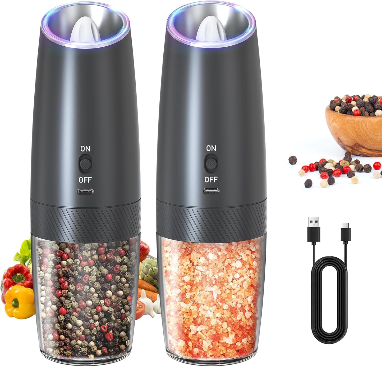CIRCLE JOY Gravity Electric Salt and Pepper Grinder Set Automatic Salt and Pepper Grinder Set with LED Light, Battery Operated, Adjustable Coarseness, Large Capacity, for Home Kitchen BBQ
