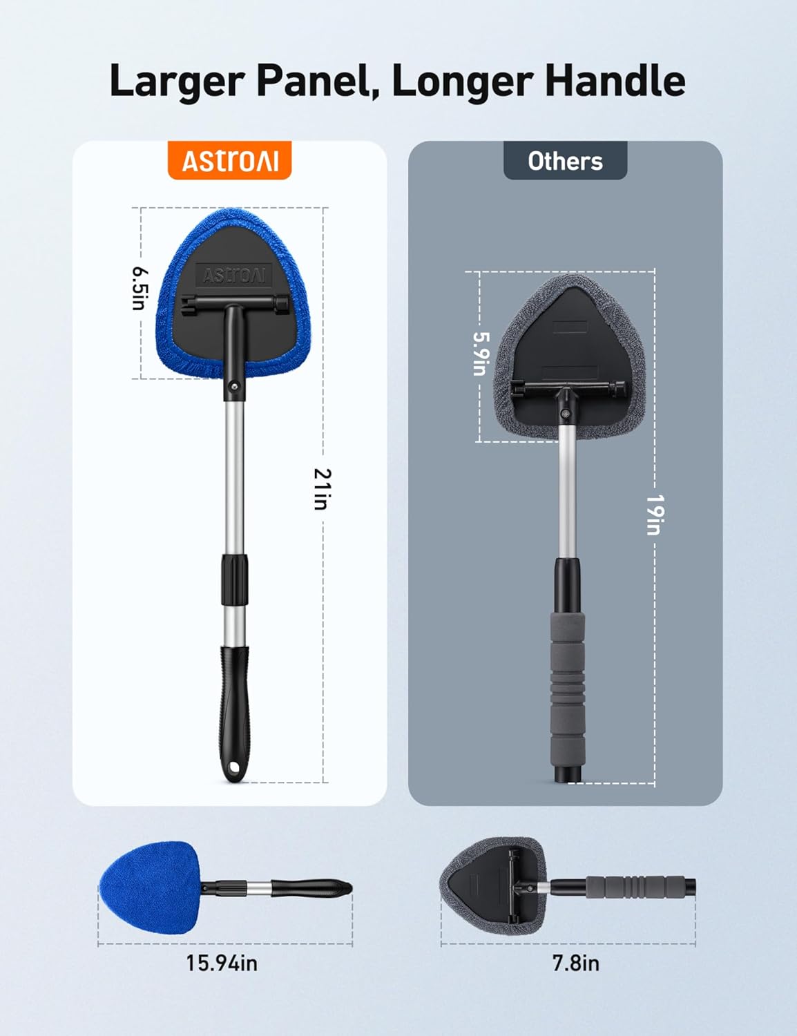 AstroAI Windshield Cleaner Tool, Car Interior Detailing Cleaning Kit with Extendable Handle and 4 Upgraded High-Density Reusable Microfiber Pads, Auto Glass Wiper Brush Kit for Cars, Blue, 15.9in-21in