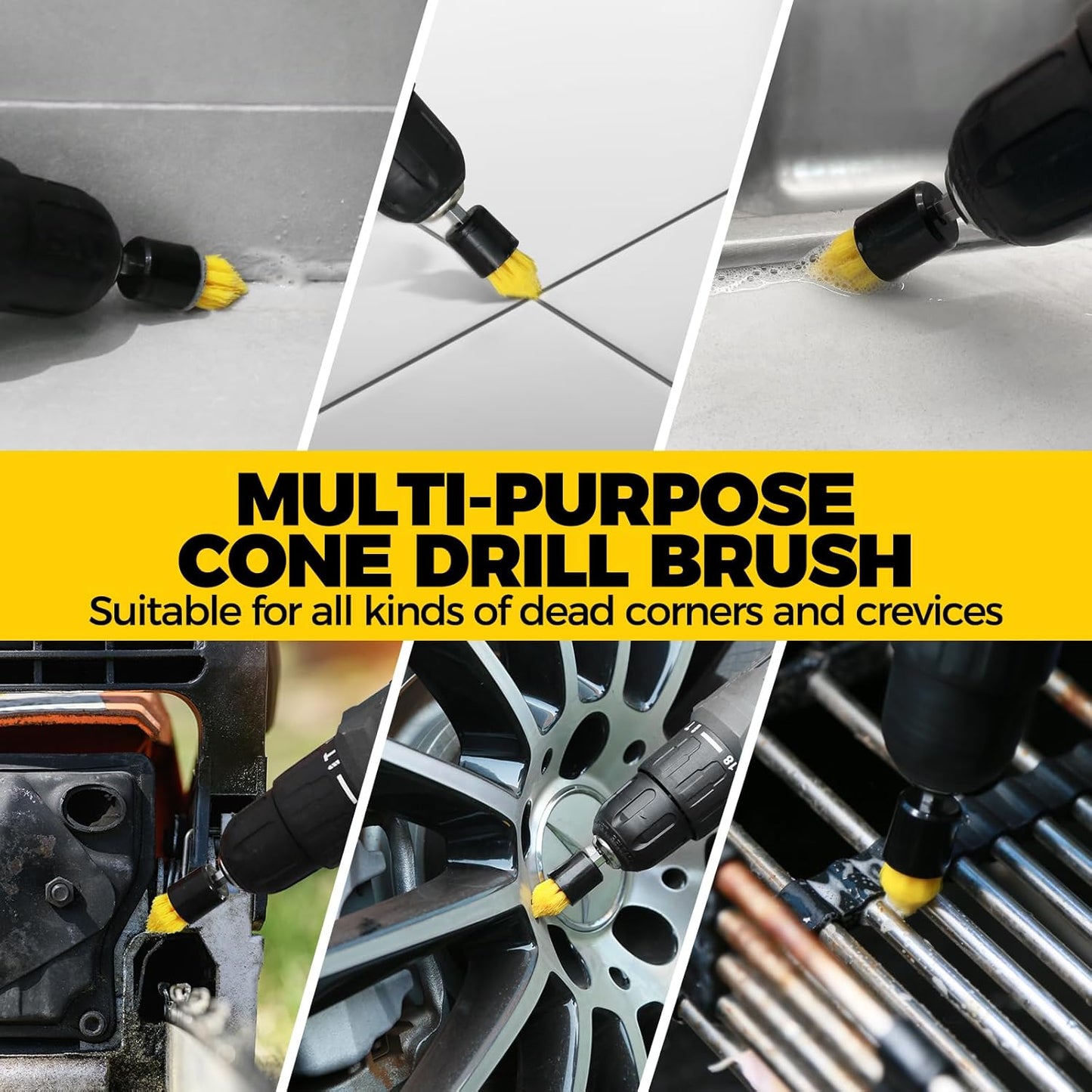 Holikme 6Pack Drill Brush Power Scrubber Cleaning Brush Extended Long Attachment Set All Purpose Drill Scrub Brushes Kit for Grout, Floor, Tub, Bathroom and Kitchen Surface,Scratch Brushes(Yellow)