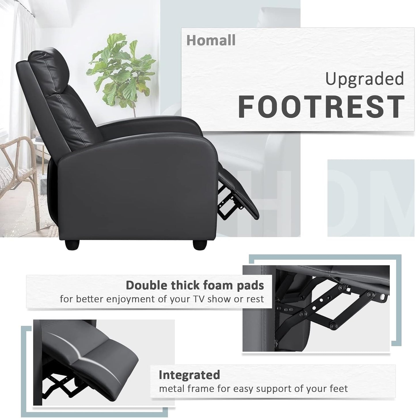 Homall Modern Recliner Chair Padded Seat Pu Leather for Living Room Single Sofa Recliner Seat Club Chair Home Theater Seating (Black)