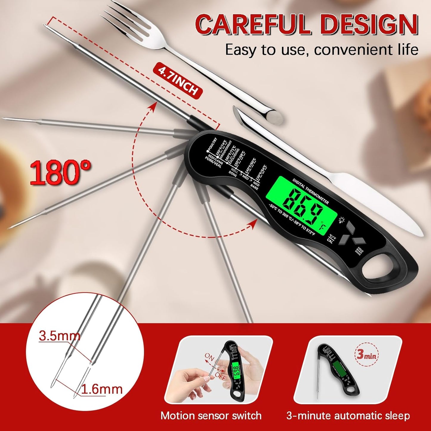 Meat Thermometer Digital,IP67 Waterproof Cooking Thermometer with Backlight, Calibration & Hold Function,Food Thermometer for Cooking,Outdoor Grilling,Suitable as Stocking Stuffers for Men