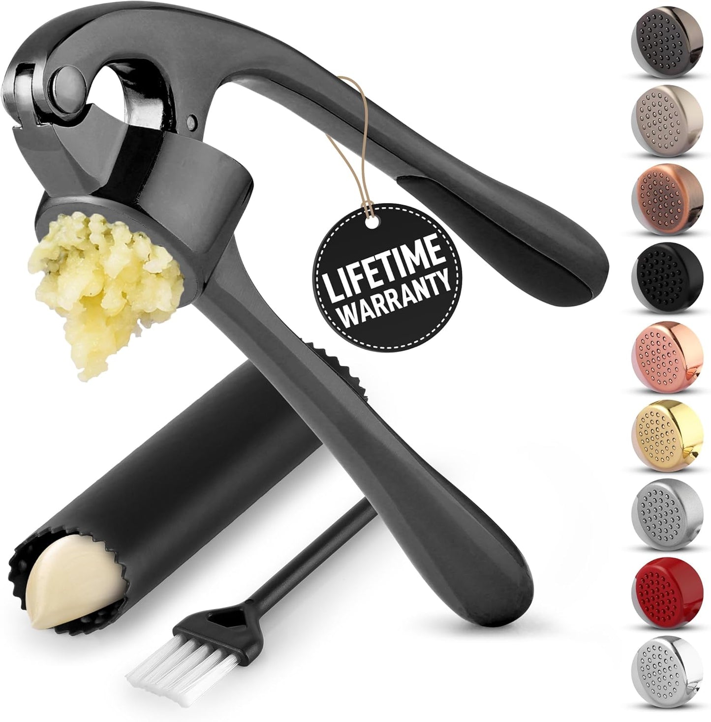 Zulay Kitchen Premium Garlic Press Set - Rust Proof Professional Garlic Mincer Tool - Easy-Squeeze, Easy-Clean with Soft, Ergonomic Handle - Silicone Garlic Peeler & Brush (Silver)