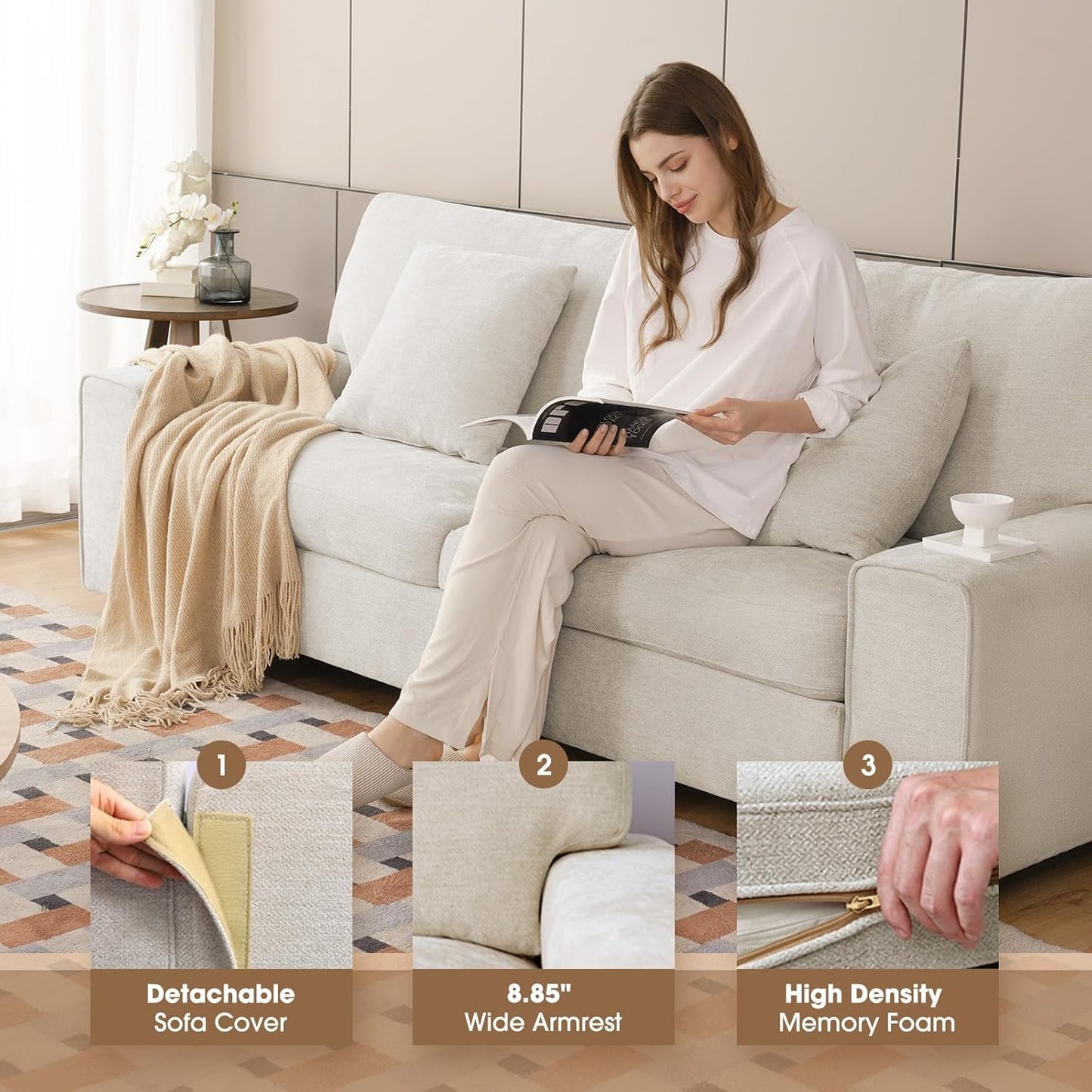 DOPEDIO Modern Loveseat Sofa for Living Room,Chenille Recliner, Removable Cover, Spring Cushions, Solid Wood Frame, Easy Assembly for Small Spaces (71.25inch,Beige)