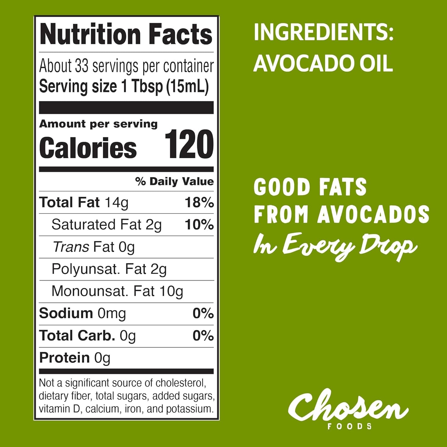 Chosen Foods Avocado Oil, 16.9 Fl Oz - All Purpose Cooking Oil made from 100% Pure Avocados - Non-GMO, Gluten-Free, Keto Friendly, Glyphosate Free - 500mL (Pack Of 1)