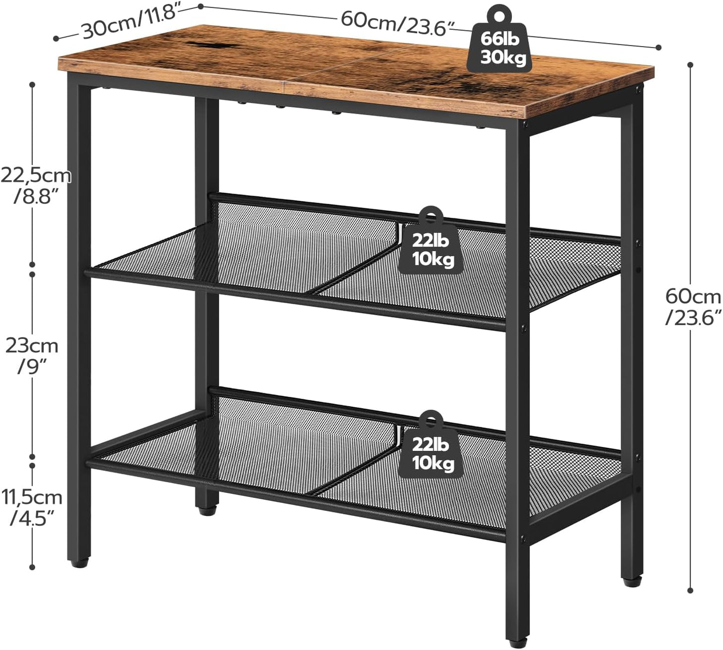 HOOBRO End Table, 3-Tier Narrow Side Table, Nightstand with 2 Flat or Slant Adjustable Shelves for Small Spaces, Hallway, Living Room, Bedroom, Sturdy, Easy Assembly, Rustic Brown and Black BF23BZ01G1