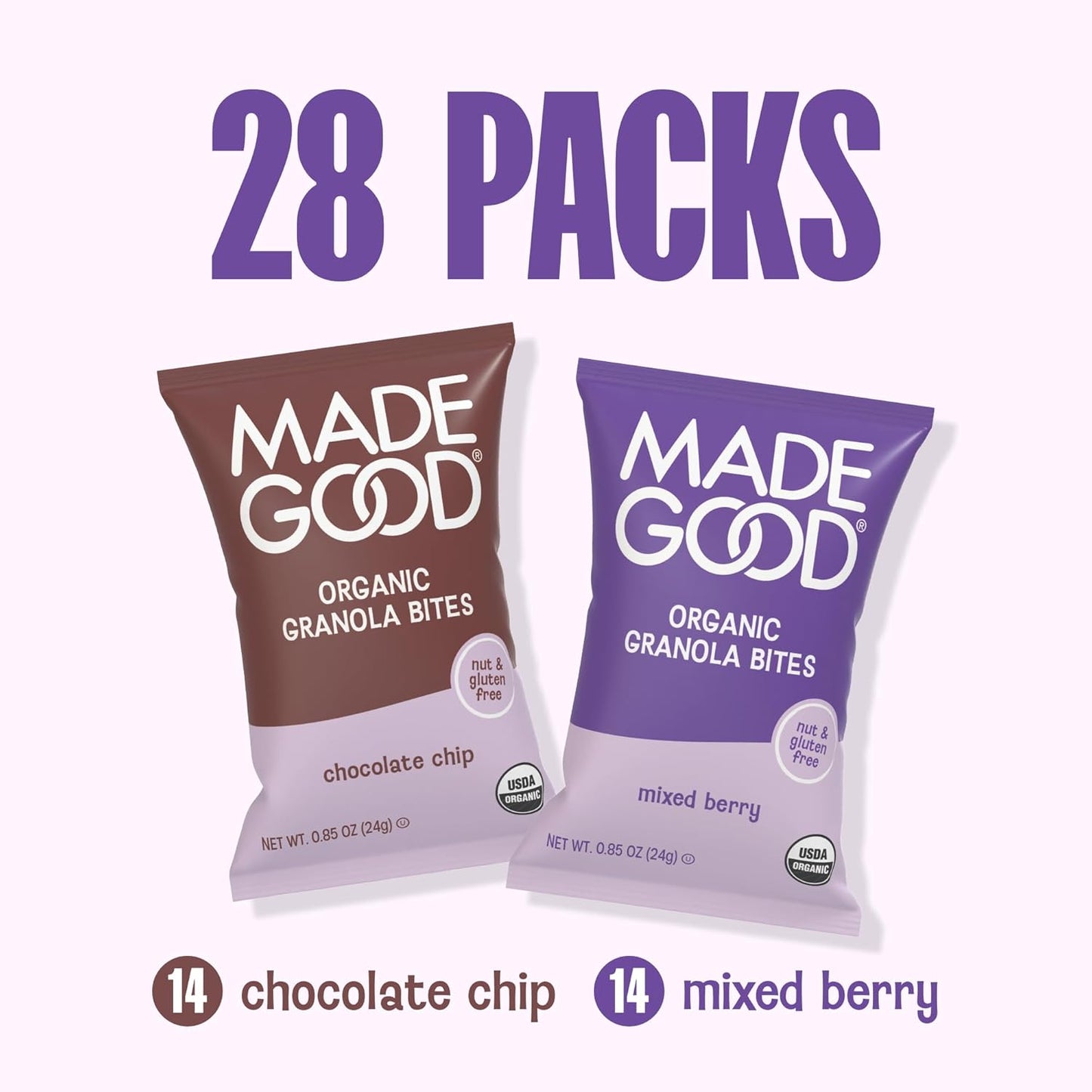 MadeGood Granola Bites Chocolate Chip & Mixed Berry Variety Pack, 28 Count, Gluten Free and Organic Snacks