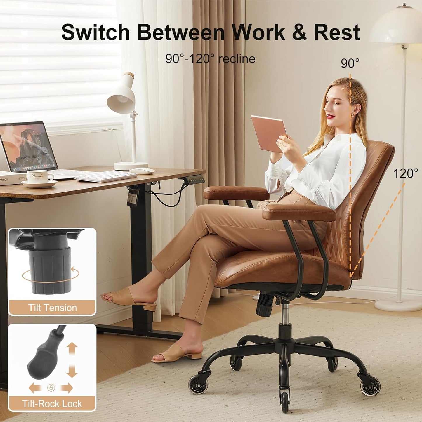 YFO Home Office Desk Chair Office Rubber Casters Ergonomic Computer Chair with Lumbar Support Adjustable Height Rolling Swivel Executive Task Armrests Chair, Brown Leather