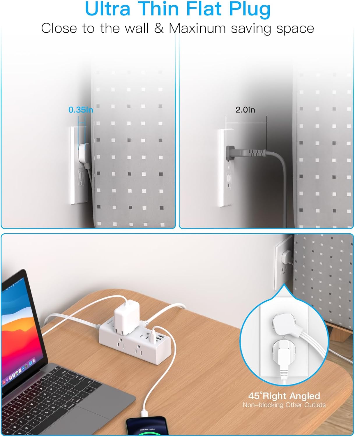 One Beat 10Ft Extension Cord with Multiple Outlets,Flat Plug Power Strip Surge Protector with 10 Ft Long Cord,6 Outlet 4 USB Ports (2USB C),Multi Outlet Wall Plug for Travel,College,Dorm Essentials