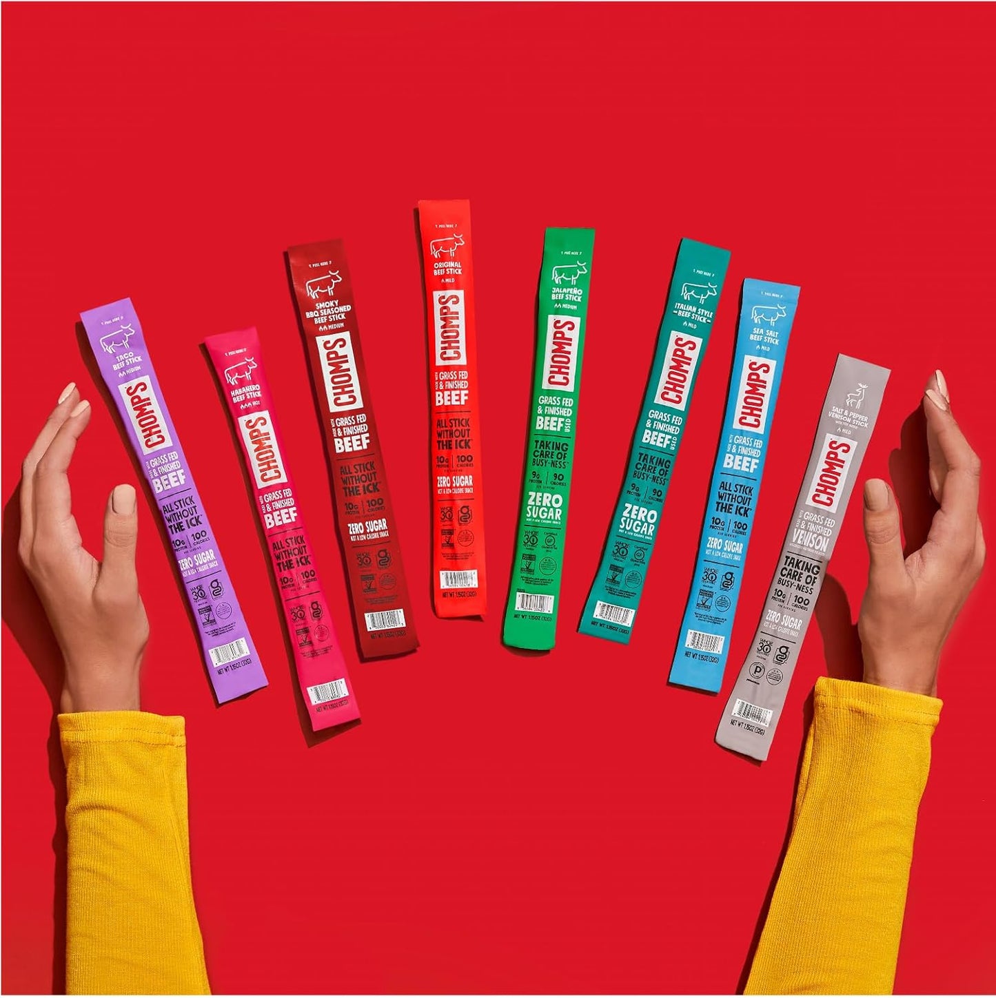 Chomps 10-pack grass-fed beef jerky snack sticks, keto, paleo, whole30, 10g protein, zero sugar, gluten-free