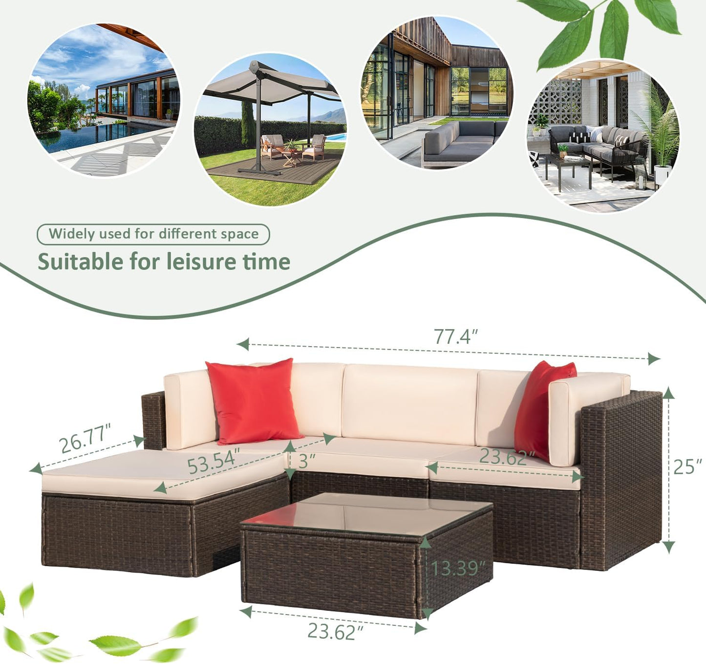 Devoko 5 Pieces Patio Furniture Sets All Weather Outdoor Sectional Patio Sofa Manual Weaving Wicker Rattan Patio Seating Sofas with Cushion and Glass Table(Beige)