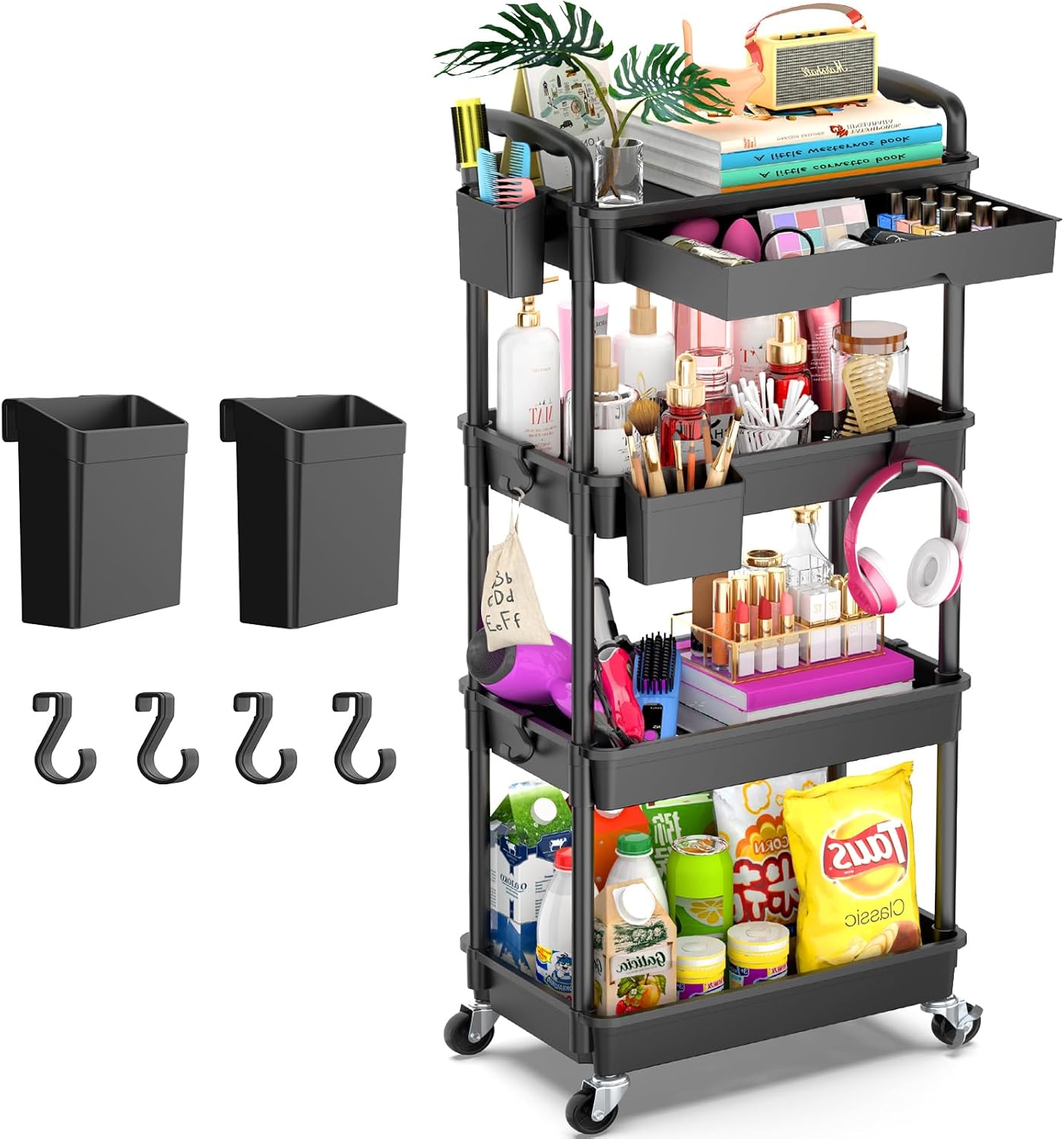 Goovilla 3 Tier Rolling Utility Cart Organizer with Removable Drawer, Stable and Sturdy Black Rolling Storage Carts with 2 Lockable Wheels for Bathroom, Kitchen, Snack, Craft, Makeup, Baby Essentials