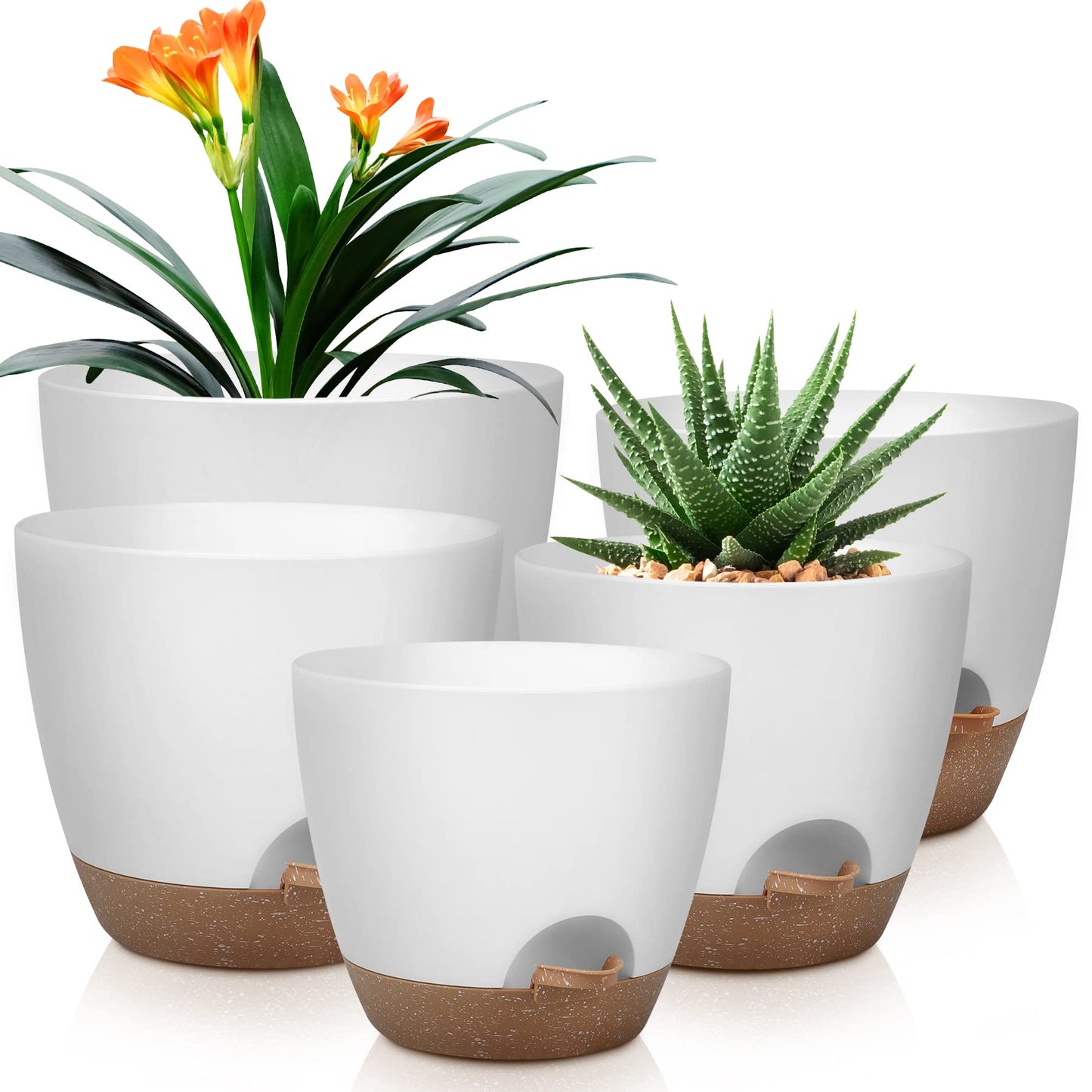 Plant Pots 10/9/8/7.5/7 Inch Self Watering Pots, Set of 5 Plastic Planters with Drainage Holes and Saucers,Plastic Flower Pots,Nursery Planting Pot for Indoor Out Door Plants(White)