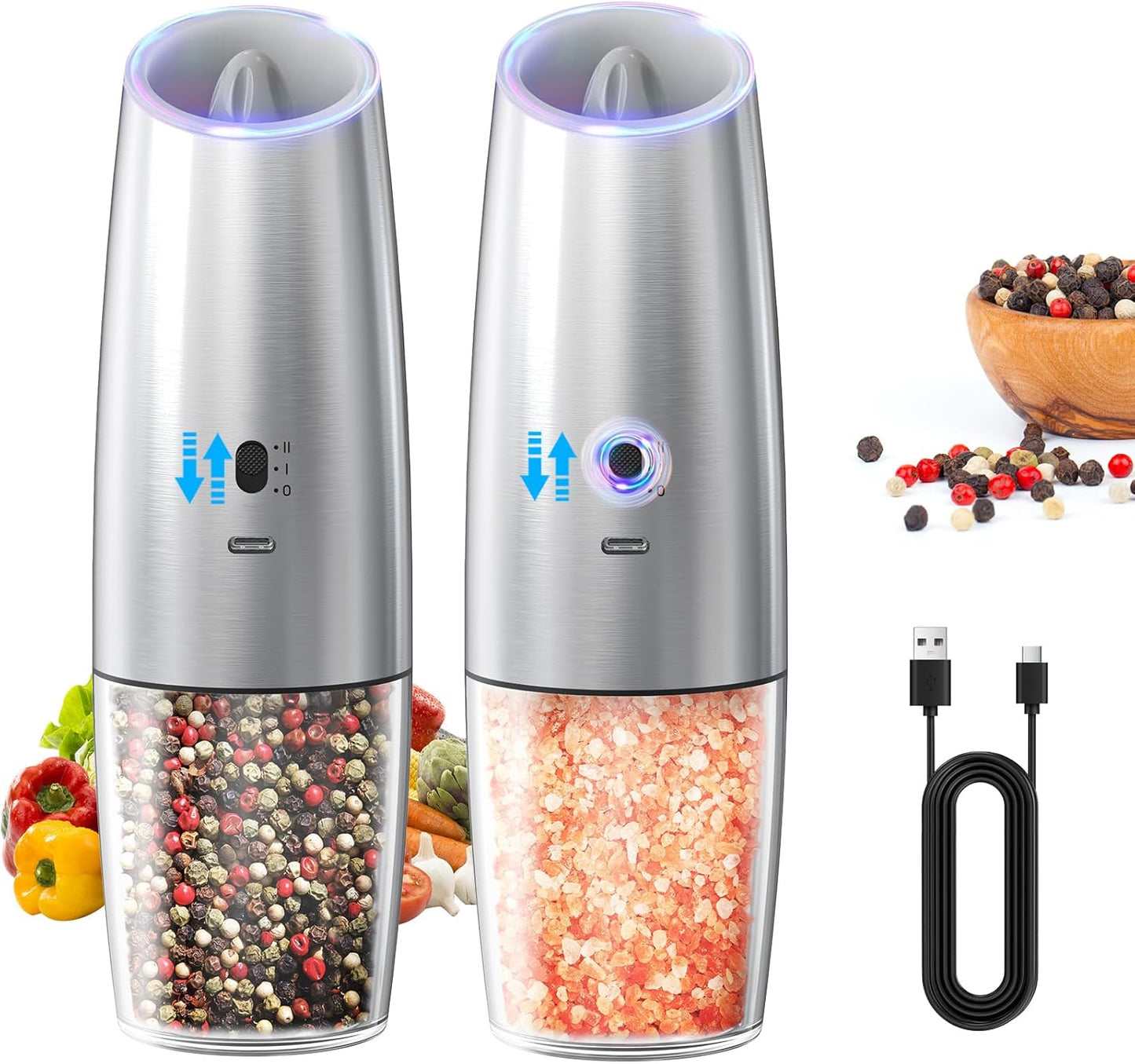 CIRCLE JOY Gravity Electric Salt and Pepper Grinder Set Automatic Salt and Pepper Grinder Set with LED Light, Battery Operated, Adjustable Coarseness, Large Capacity, for Home Kitchen BBQ