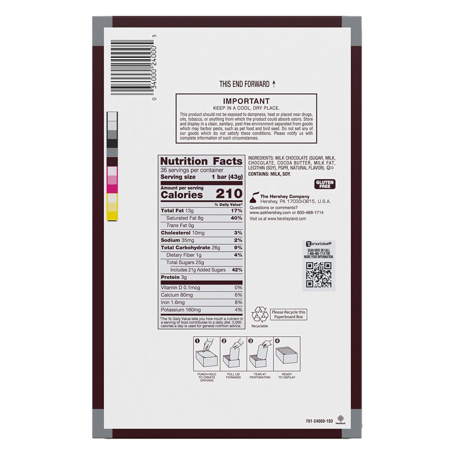 Hersheys milk chocolate bulk candy bars, 36 count, 1.55 oz each, kosher and gluten free
